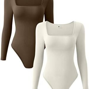 OQQ Women's 2 Piece Bodysuits Sexy Ribbed One Piece Square Neck Long Sleeve Bodysuits
