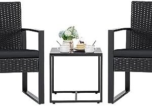 Flamaker 3 Pieces Patio Set Outdoor Wicker Furniture Sets Modern Rattan Chair Conversation Sets with Coffee Table for Yard and Bistro (Black)