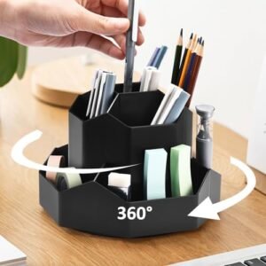 GGIANTGO Pencil Pen Holder for Desk, 9 Slots 360 Degree Rotating Desk Organizer, Desktop Storage Pen Organizers Stationery Supplies, Cute Pencil Cup Pot for Office School Home & Art Supplies (Black)
