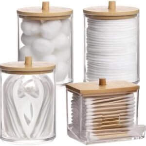 Tbestmax 4 Pack Qtip Holder Bathroom Container, 10/7oz Cotton Ball/Swabs Dispenser, Apothecary Jar with Bamboo Lids for Organizer and Storage (Beige)