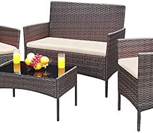Greesum Patio Furniture 4 Pieces Conversation Sets Outdoor Wicker Rattan Chairs Garden Backyard Balcony Porch Poolside loveseat with Soft Cushion and Glass Table, Brown and Beige