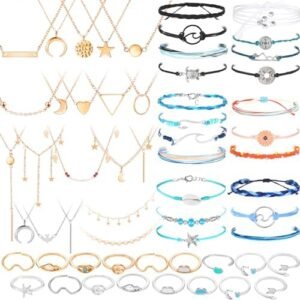 Batiyeer 60 Pcs Christmas Surfer Wave Friendship Bracelet Layered Choker Pendant Necklace Adjustable Multilayer Chain Bracelet Anklets Knuckle Rings for Women Girls Xmas Gifts…