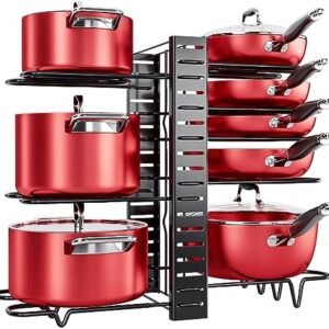 MUDEELA Pots and Pans Organizer Rack under Cabinet, 8-Tier Kitchen Organizers and Storage Pot Racks, Adjustable Pot Organizers inside Cabinet with 3 DIY Methods