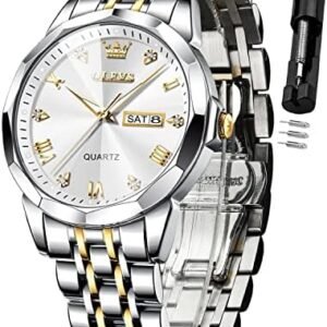 OLEVS Watch for Men Diamond Business Dress Analog Quartz Stainless Steel Waterproof Luminous Date Two Tone Luxury Casual Wrist Watch