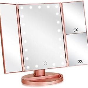 Tri-fold Lighted Vanity Makeup Mirror with 3x/2x Magnification,21 LEDs Light and Touch Screen,180 Degree Free Rotation Countertop Cosmetic Mirror,Travel (Rose Gold)