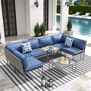 UDPATIO 7 Pieces Outdoor Patio Furniture Set, PE Rattan Wicker Sofa Set, Outdoor Sectional Couch Patio Conversation Set with Washable Olefin Cushions and Coffee Table, Blue