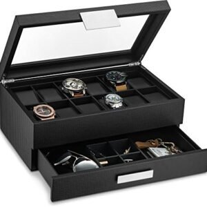 Watch Box with Valet Drawer for Men - 12 Slot Luxury Case Display Organizer, Carbon Fiber Design - Metal Buckle for Mens Jewelry Watches, Men's Storage Boxes Holder has Large Glass Top