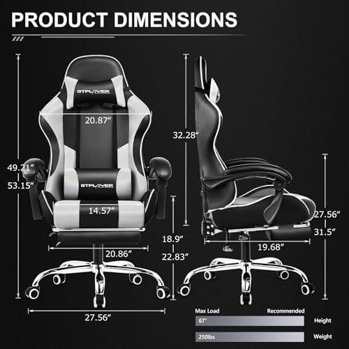 GTPLAYER Gaming Chair, Computer Chair with Footrest and Lumbar Support, Height Adjustable Game Chair with 360°-Swivel Seat and Headrest and for Office or Gaming (White) - Image 2