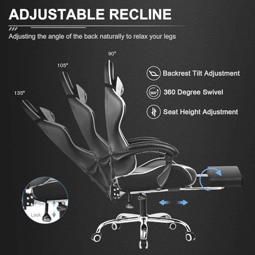 GTPLAYER Gaming Chair, Computer Chair with Footrest and Lumbar Support, Height Adjustable Game Chair with 360°-Swivel Seat and Headrest and for Office or Gaming (White) - Image 5