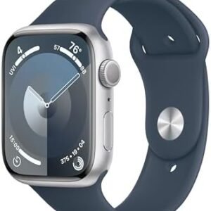 Apple Watch Series 9 [GPS 45mm] Smartwatch with Silver Aluminum Case with Storm Blue Sport Band M/L. Fitness Tracker, ECG Apps, Always-On Retina Display, Water Resistant