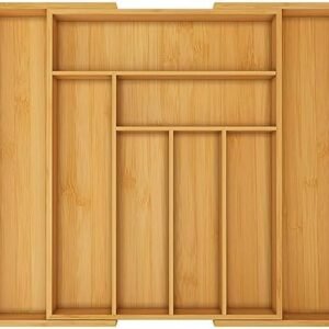 Bamboo Expandable Drawer Organizer - cutlery drawer organizer for Utensils and Cutlery, silverware drawer organizer tray- Adjustable and Large Silverware Drawer Organizer for Cabinets