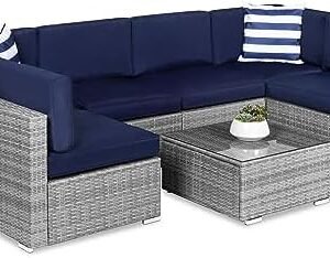 Best Choice Products 7-Piece Modular Outdoor Sectional Wicker Patio Conversation Set w/ 2 Pillows, Coffee Table, Cover Included - Gray/Navy