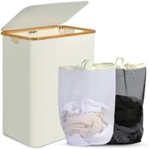 Double Laundry Hamper with Lid, Divided Laundry Hamper with Removable Bags, 2 Section Dirty Clothes Basket with Handles for Bathroom, Bedroom & Laundry Room, 160L Beige