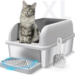 Enclosed Stainless Steel Cat Litter Box with Lid Extra Large Litter Box for Big Cats XL Metal Litter Pan Tray with High Wall Sides Enclosure, Non-Sticky, Anti-Leakage, Easy Cleaning