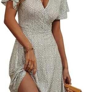 FENSACE Womens Sundress Summer Floral Short Sleeve Wrap V Neck A-Line Midi Dress