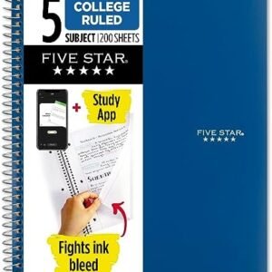 Five Star Spiral Notebook + Study App, 5 Subject, College Ruled Paper, Fights Ink Bleed, Water Resistant Cover, 8-1/2" x 11", 200 Sheets, Blue (73635)