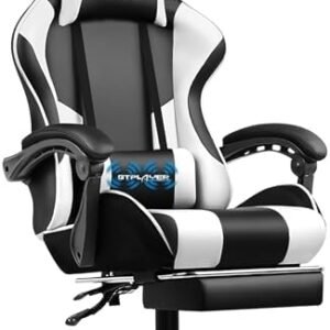 GTPLAYER Gaming Chair, Computer Chair with Footrest and Lumbar Support, Height Adjustable Game Chair with 360°-Swivel Seat and Headrest and for Office or Gaming (White)