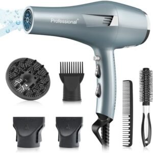 Ionic Salon Hair Dryer, Professional Blow Dryer 1800W AC Motor Fast Drying with 2 Speed, 3 Heat Setting, Cool Button, with Diffuser, Nozzle, Concentrator Comb for Curly & Straight Hair-Blue