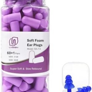 LYSIAN Ultra Soft Foam Earplugs Sleep - 38dB SNR Noise Cancelling Ear Plugs for Sleeping, Shooting, Snoring, Work Loud Sound Reduction- 60 Pairs Valued Pack,Purple
