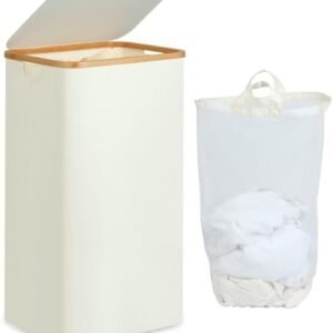 Laundry Hamper with Lid, 100L Tall Laundry Basket with Bamboo Handles for Clothes and Toys, Collapsible Laundry Hamper with Inner Bag for Bedroom and Bathroom, Beige