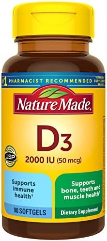 Nature Made Vitamin D3 2000 IU (50 mcg), Dietary Supplement for Bone, Teeth, Muscle and Immune Health Support, 90 Softgels, 90 Day Supply