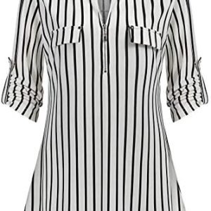 Ninedaily Women's 3/4 Sleeve Plaid Shirts Zip Floral Casual Tunic Blouse Tops