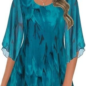 Ninedaily Women's Tops 3/4 Sleeve Blouses Dressy Casual Double Layers Mesh Tunic Shirts