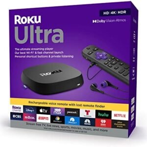 Roku Ultra | The Ultimate Streaming Device 4K/HDR/Dolby Vision/Atmos, Rechargeable Roku Voice Remote Pro, Ethernet Port, Hands-Free Controls, Lost Remote Finder, Free & Live TV