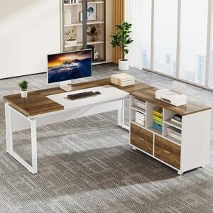 Tribesigns L-Shaped Executive Desk with Reversible File Cabinet, 63" Office Desk with Storage Drawers, Computer Desk Set (Oak Karo & White)