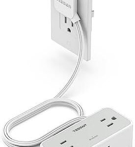 Ultra Thin 5FT Flat Extension Cord, TESSAN Surge Protector Flat Plug Power Strip 4 Wide Spaced AC Outlets 3 USB, 900 Joules Protection, Suitable for Home Office Dorm