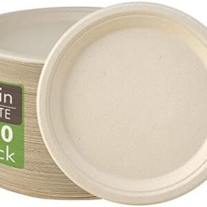 Vplus 150 Pack Compostable Disposable Paper Plates 10 inch Super Strong 100% Bagasse Natural Biodegradable Eco-Friendly Sugarcane Plates(nature)