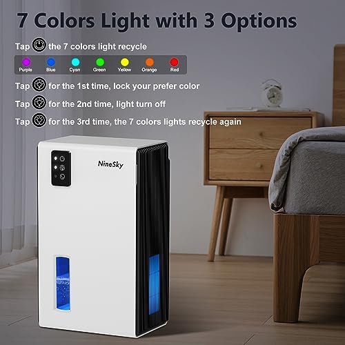 NineSky Dehumidifier for Home, 85 OZ Water Tank, (800 sq.ft) Dehumidifiers for Bathroom Bedroom with Auto Shut Off,7 Colors LED Light(White) - Image 4