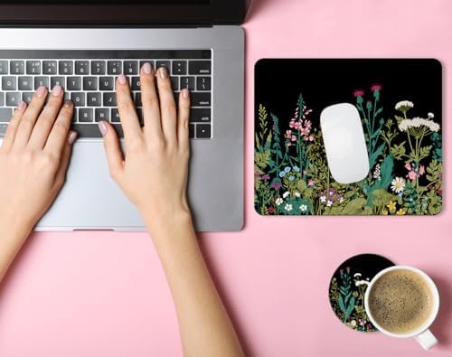 Square Mouse Pad with Coaster, Soft Cute Computer Mouse Mat with Non-Slip Rubber Base, Easy to Slide, Splash Resistant Surface, Personalized Design, Portable, Garden Flowers - Image 2
