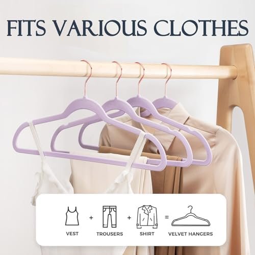 HOUSE DAY Velvet Hangers 20 Pack, Premium Clothes Hangers Non-Slip Felt Hangers, Sturdy Purple Hangers Heavy Duty Coat Hangers, Durable Suit Hangers, Space Saving 360° Rotating Rose Gold Hook - Image 3