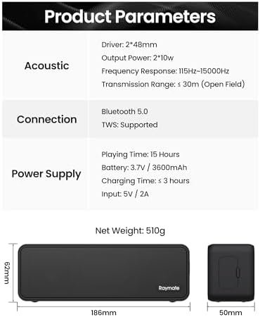 Raymate Bluetooth Speakers, 20W IPX7 Waterproof Speaker Wireless Bluetooth-V5.0, HiFi Stereo Sound, 1000mins Playtime, Portable Speaker for Home, Outdoor, Party - Image 6