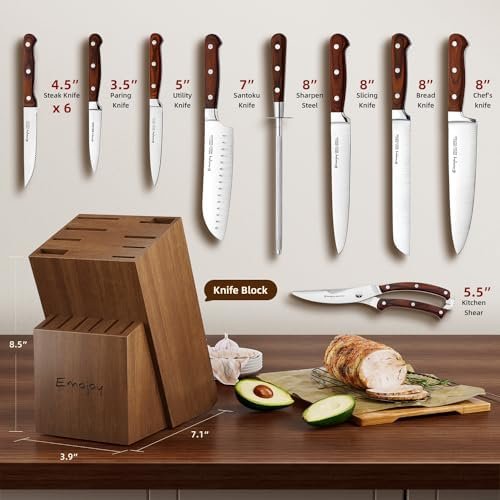 Knife Set, 15-pcs Emojoy Kitchen Knife Set with Block, Premium Kitchen Knives with Heavy Poultry Shears, Sharpener and 6pcs Serrated Steak Knives - Image 3