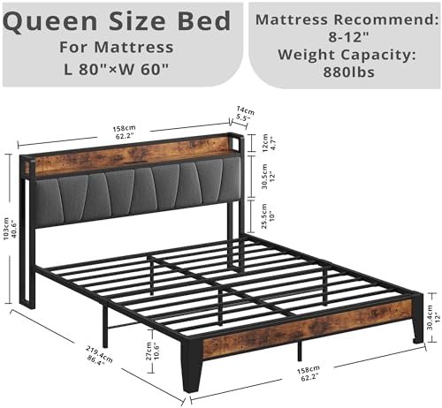 LIKIMIO Queen Bed Frame, Storage Headboard with Charging Station, Solid and Stable, Noise Free, No Box Spring Needed, Easy Assembly - Image 2