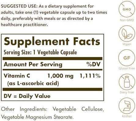 Solgar Vitamin C 1000 mg, 250 Vegetable Capsules - Antioxidant & Immune Support - Overall Health - Healthy Skin & Joints - Bioflavonoids Supplement - Non GMO, Vegan, Gluten Free, Kosher - 250 Servings - Image 2
