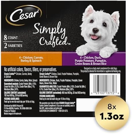 CESAR SIMPLY CRAFTED Adult Wet Dog Food Meal Topper Variety Pack, Chicken, Duck, Purple Potatoes, Pumpkin, Green Beans & Brown Rice and Chicken, Carrots, Barley & Spinach, 1.3 oz. Tubs, Pack of 8 - Image 2