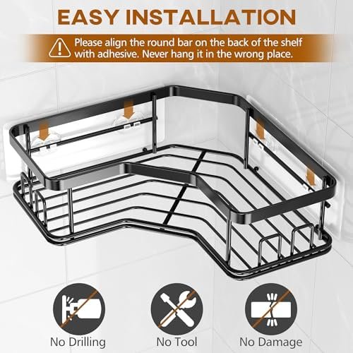 MAXIFFE Shower Caddy, 3-Pack Shower Organizer with Soap Holder, Corner Shower Caddy with 8 Hooks, Wall Mounted Shower Shelf for Bathroom, Kitchen, Countertop, Black - Image 5