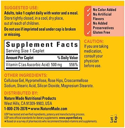 Nature Made Vitamin C 500 mg with Rose Hips, Dietary Supplement for Immune Support, 130 Caplets, 130 Day Supply - Image 5