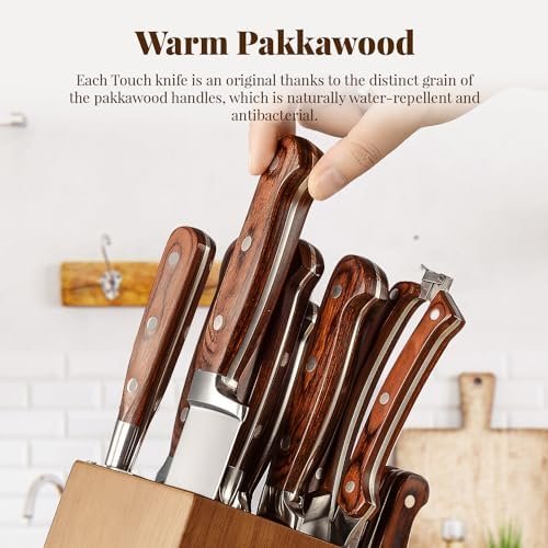 Knife Set, 15-pcs Emojoy Kitchen Knife Set with Block, Premium Kitchen Knives with Heavy Poultry Shears, Sharpener and 6pcs Serrated Steak Knives - Image 4