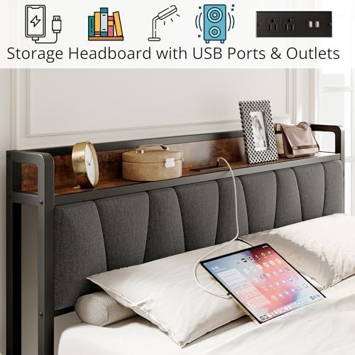 LIKIMIO Queen Bed Frame, Storage Headboard with Charging Station, Solid and Stable, Noise Free, No Box Spring Needed, Easy Assembly - Image 4