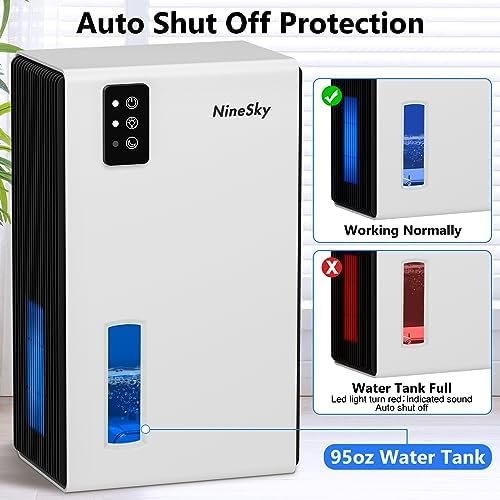 NineSky Dehumidifier for Home, 85 OZ Water Tank, (800 sq.ft) Dehumidifiers for Bathroom Bedroom with Auto Shut Off,7 Colors LED Light(White) - Image 5