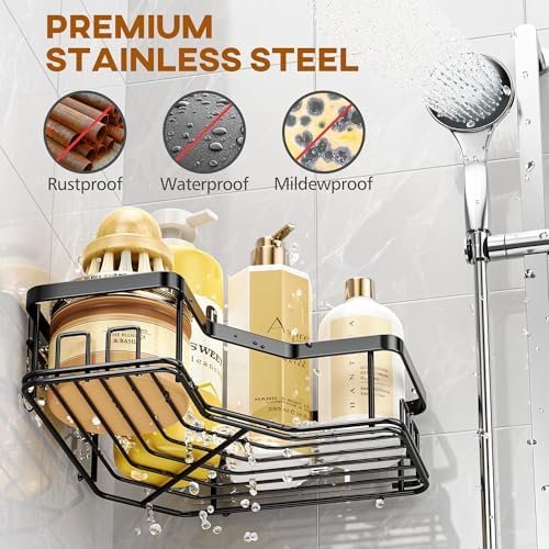 MAXIFFE Shower Caddy, 3-Pack Shower Organizer with Soap Holder, Corner Shower Caddy with 8 Hooks, Wall Mounted Shower Shelf for Bathroom, Kitchen, Countertop, Black - Image 4