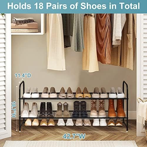 AOODA Long 2 Tier Shoe Rack for Closet Metal Wide Stackable Shoe Storage Organizer for Entryway, Bedroom, Floor, 18-Pairs Low Shoe Shelf, Black - Image 2