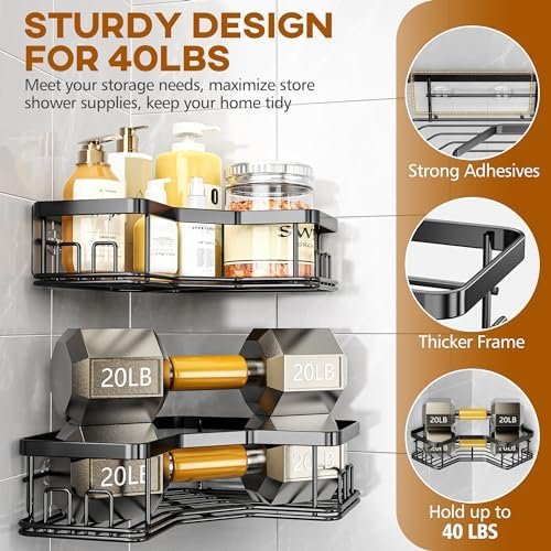 MAXIFFE Shower Caddy, 3-Pack Shower Organizer with Soap Holder, Corner Shower Caddy with 8 Hooks, Wall Mounted Shower Shelf for Bathroom, Kitchen, Countertop, Black - Image 3