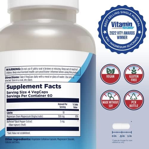 KAL Magnesium Glycinate, New & Improved Fully Chelated High Absorption Formula with BioPerine, Bisglycinate Chelate for Stress, Relaxation, Muscle & Bone Health Support, 60 Servings, 240 VegCaps - Image 2