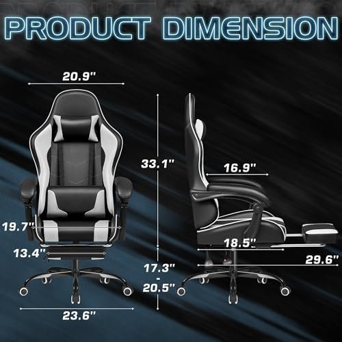 Homall Gaming Chair, Video Game Chair with Footrest and Massage Lumbar Support, Ergonomic Computer Chair Height Adjustable with Swivel Seat and Headrest (White) - Image 3
