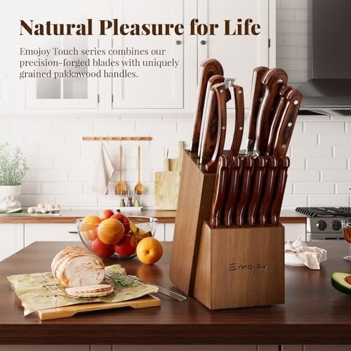 Knife Set, 15-pcs Emojoy Kitchen Knife Set with Block, Premium Kitchen Knives with Heavy Poultry Shears, Sharpener and 6pcs Serrated Steak Knives - Image 2